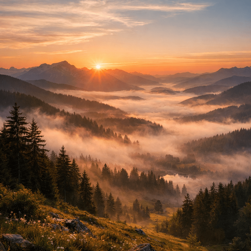 Sun rising behind mountain peaks with mist covering forested valley